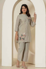 Grey Thread Work Silk Co-Ord Sets