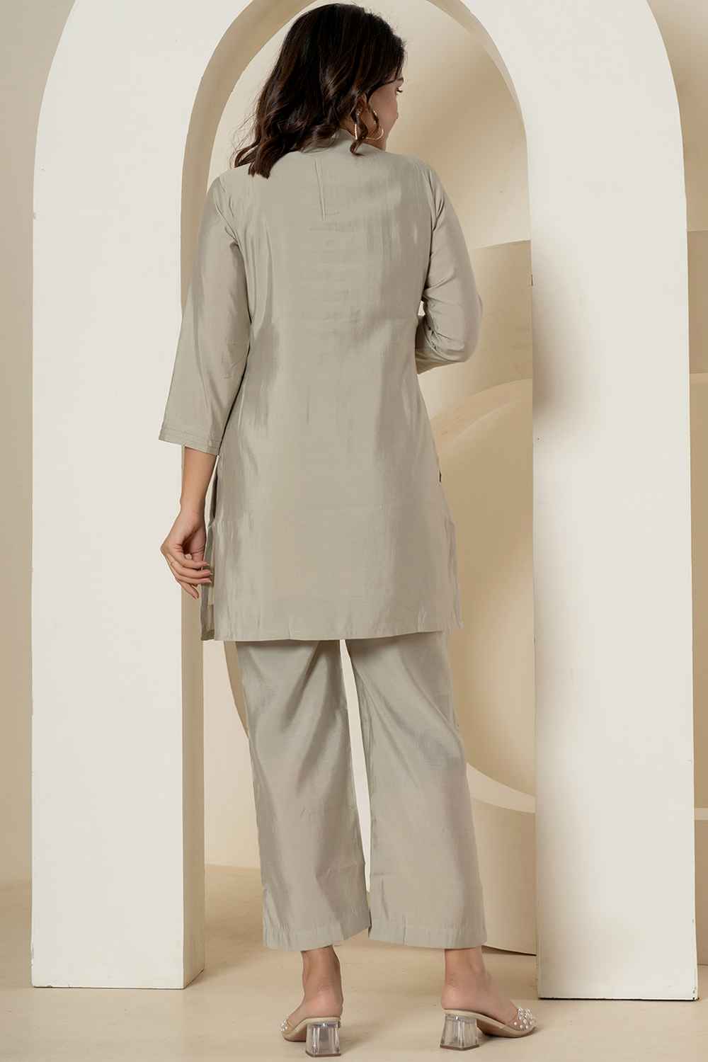 Grey Thread Work Silk Co-Ord Sets