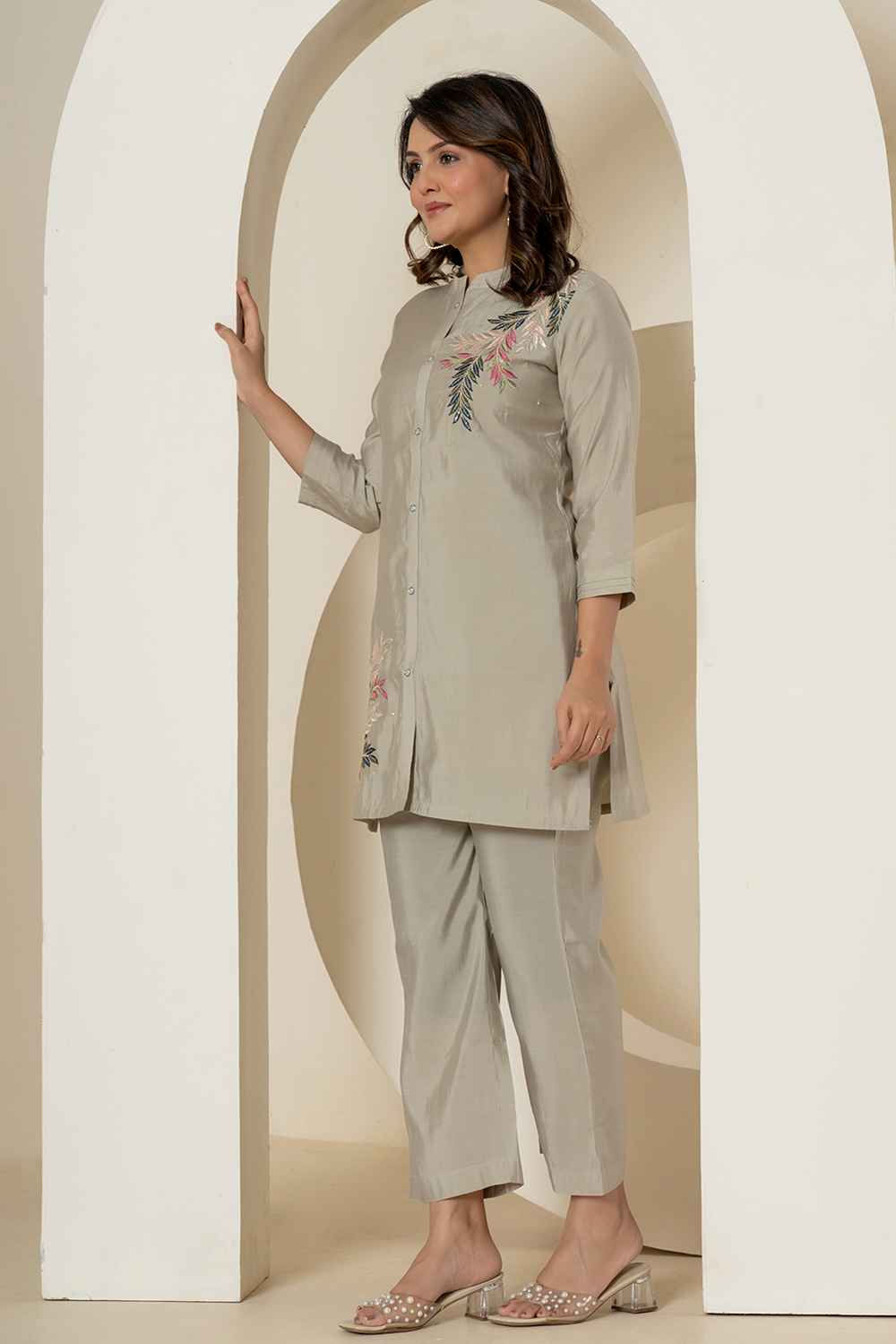 Grey Thread Work Silk Co-Ord Sets