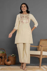 Beige Thread Work Silk Co-Ord Sets