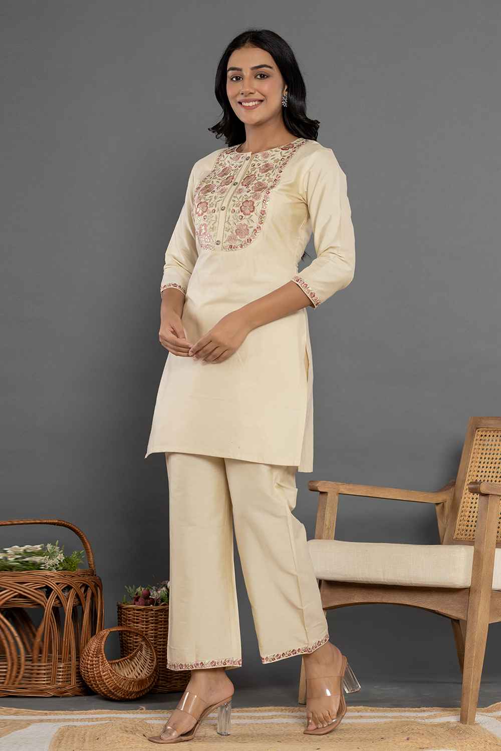 Beige Thread Work Silk Co-Ord Sets