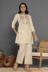 Beige Thread Work Silk Co-Ord Sets