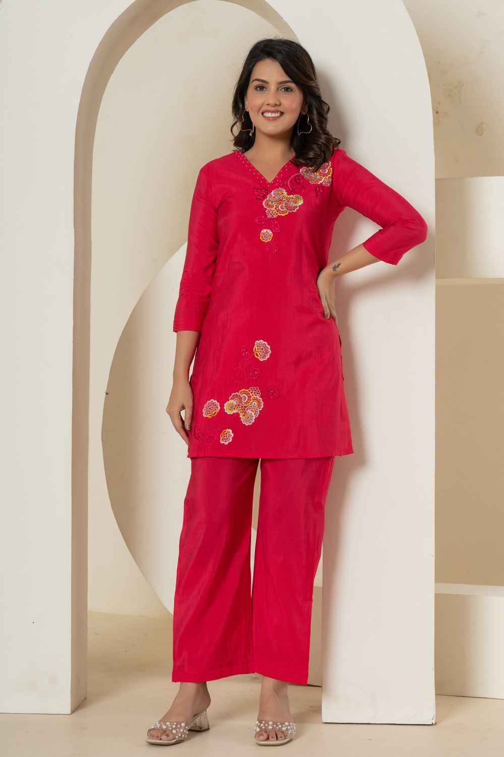 Pink Thread Work Silk Co-Ord Sets