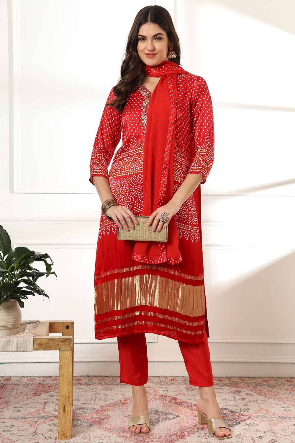 Red Bandhani Sequins Work Gajji Silk Kurta Set