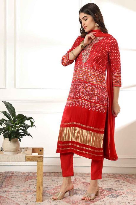 Red Bandhani Sequins Work Gajji Silk Kurta Set