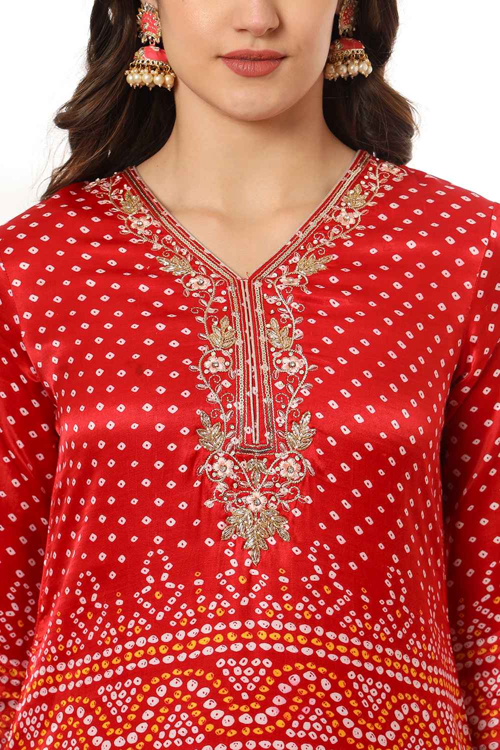 Red Bandhani Sequins Work Gajji Silk Kurta Set