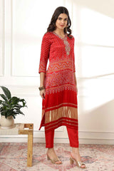 Red Bandhani Sequins Work Gajji Silk Kurta Set