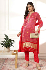 Pink Bandhani Sequins Work Gajji Silk Kurti Set