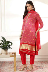 Pink Bandhani Sequins Work Gajji Silk Kurta Set