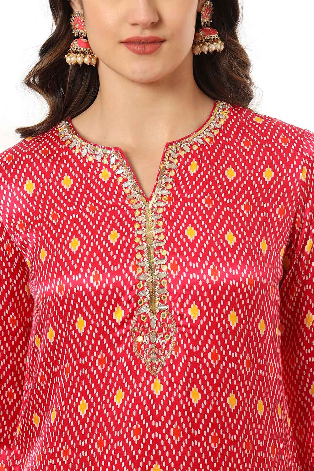 Pink Bandhani Sequins Work Gajji Silk Kurti Set