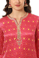 Pink Bandhani Sequins Work Gajji Silk Kurta Set