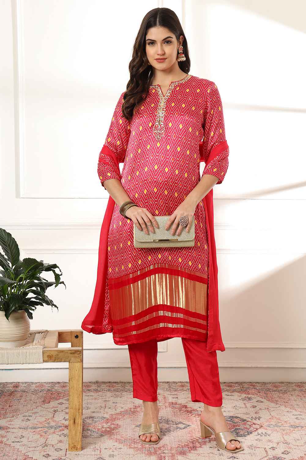 Pink Bandhani Sequins Work Gajji Silk Kurta Set