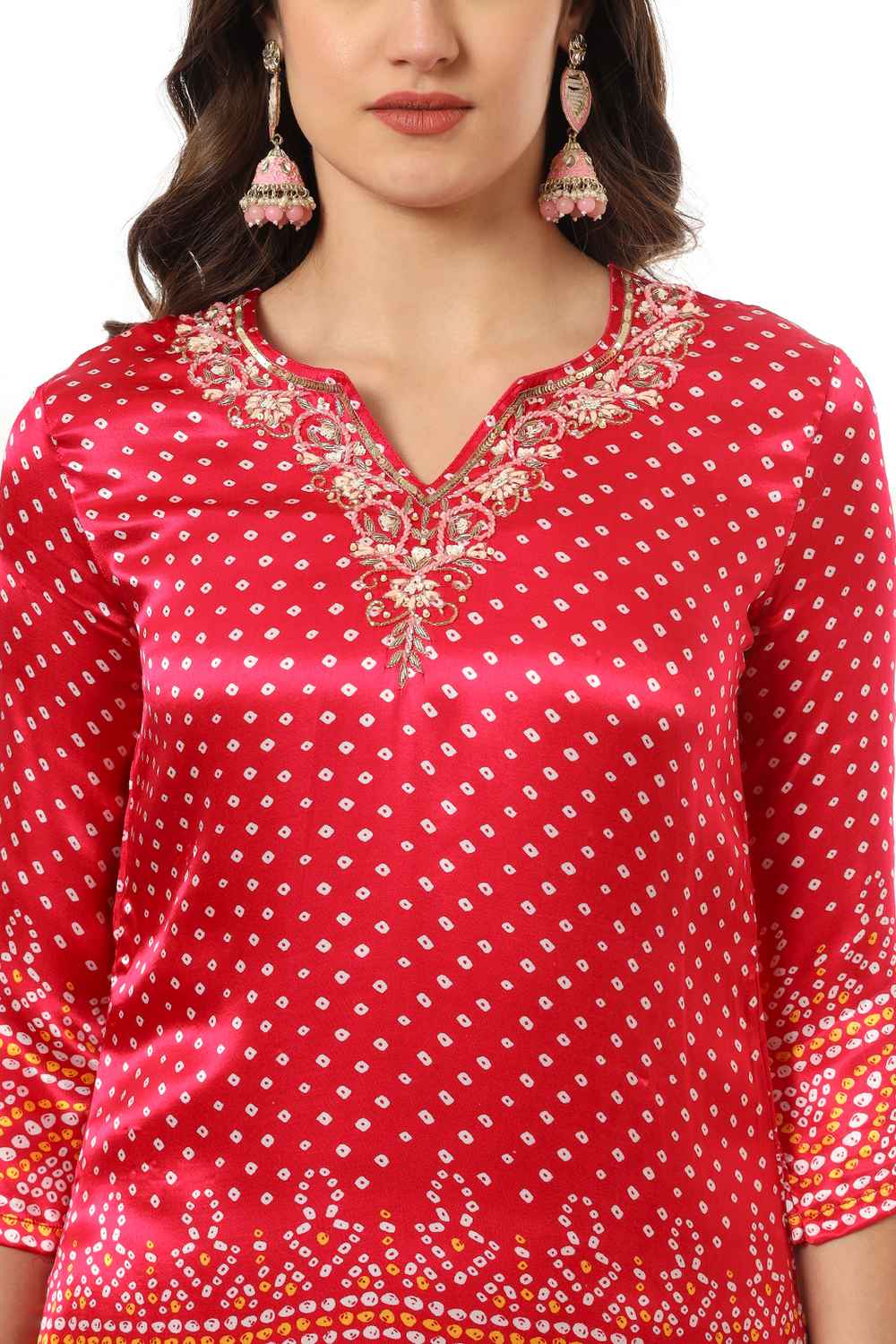 Pink Bandhani Sequins Work Gajji Silk Kurta Set