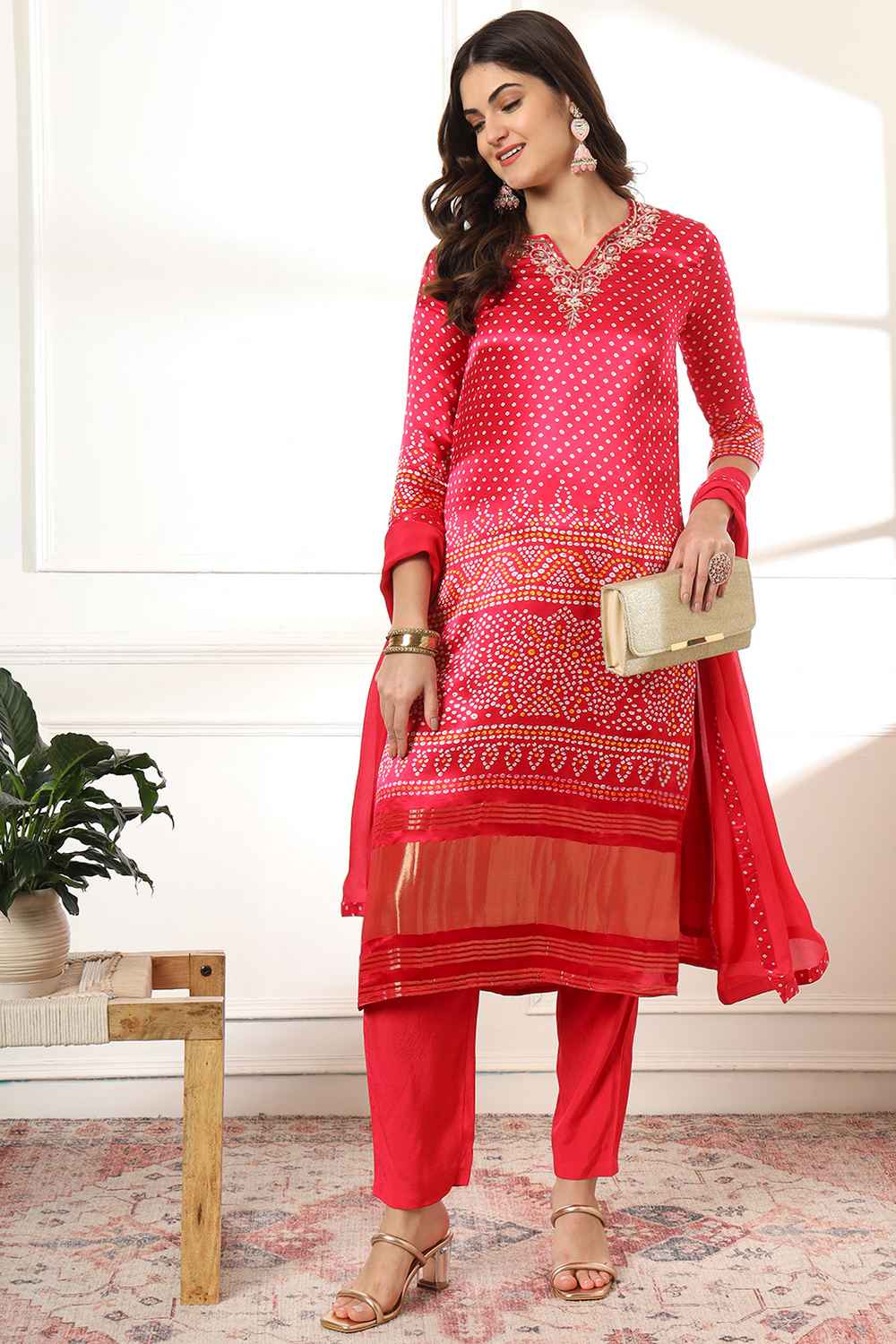 Pink Bandhani Sequins Work Gajji Silk Kurta Set