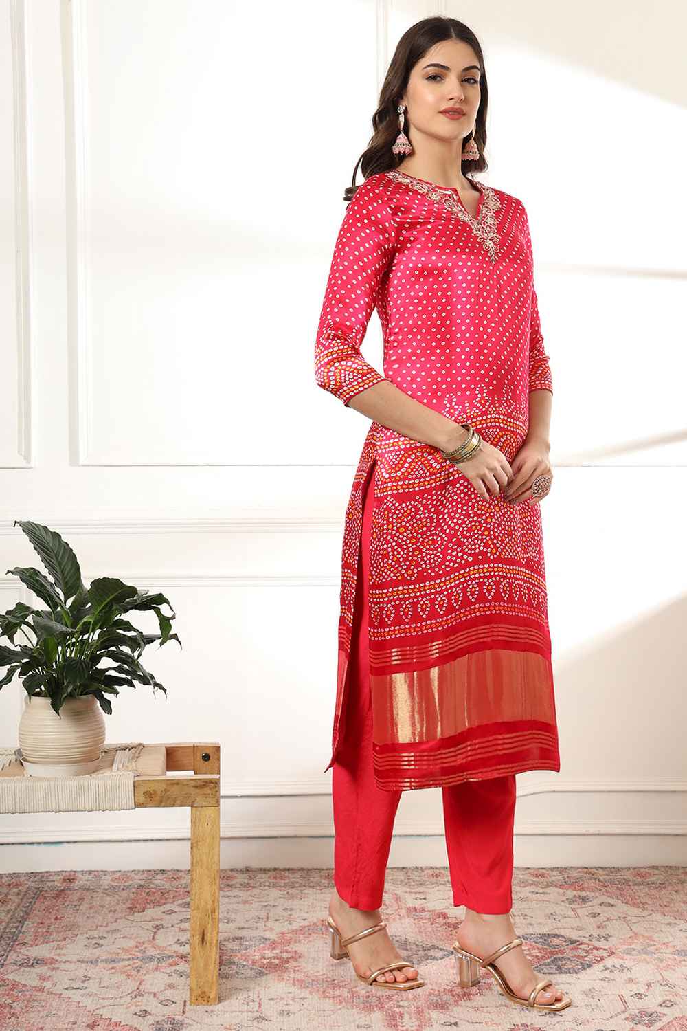 Pink Bandhani Sequins Work Gajji Silk Kurta Set