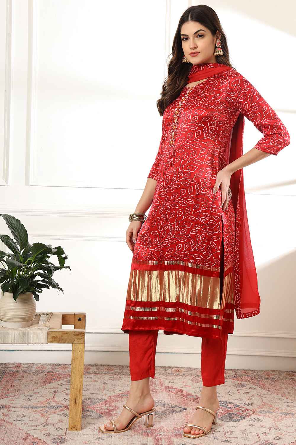 Red Bandhani Kantha Work Gajji Silk Kurta Set