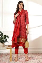 Red Bandhani Kantha Work Gajji Silk Kurta Set