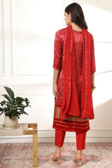 Red Bandhani Kantha Work Gajji Silk Kurta Set