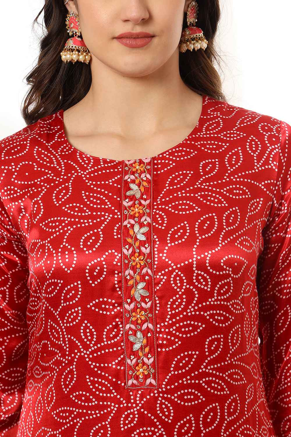 Red Bandhani Kantha Work Gajji Silk Kurta Set