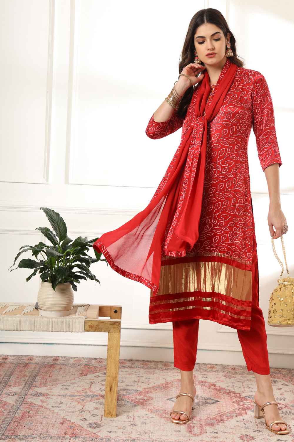 Red Bandhani Kantha Work Gajji Silk Kurta Set