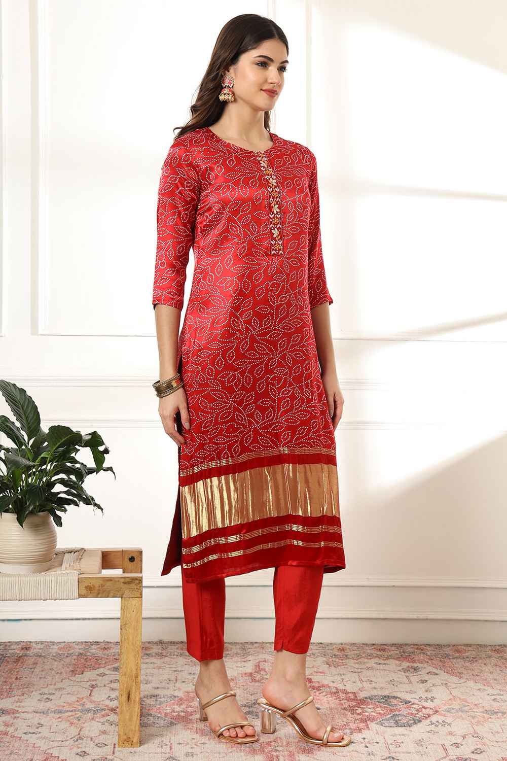 Red Bandhani Kantha Work Gajji Silk Kurta Set