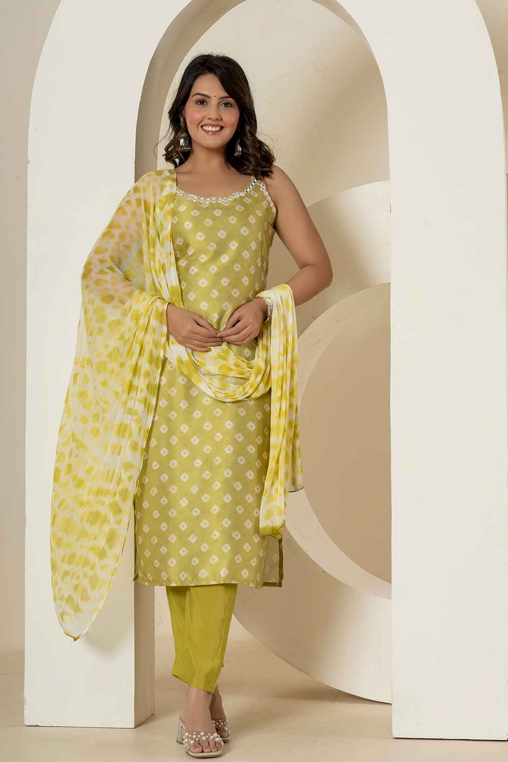 Green Bandhani Mirror Work Silk Kurti Set