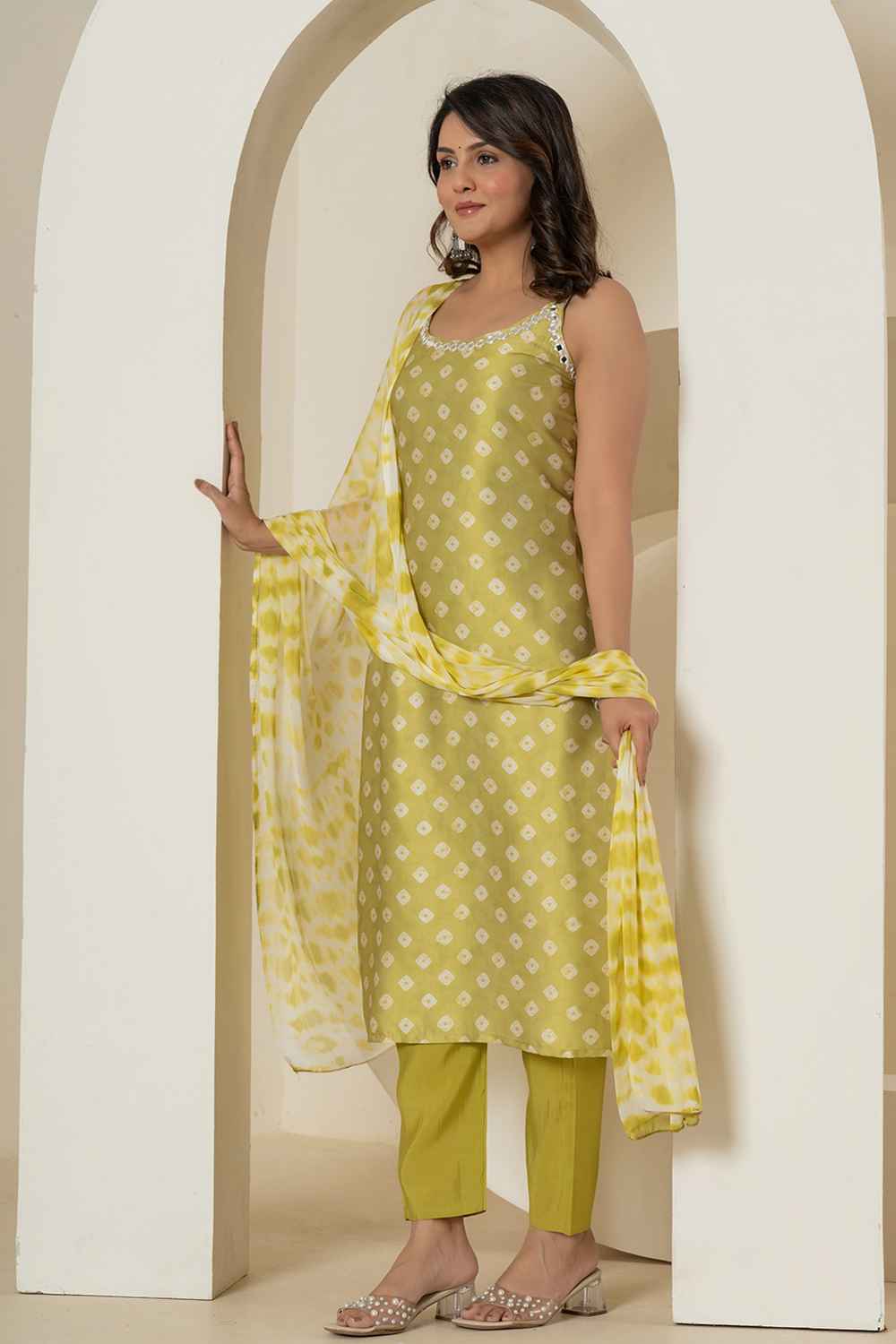 Green Bandhani Mirror Work Silk Kurta Set