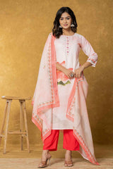 Pink Floral Print Embroidered Linen Kurta Set