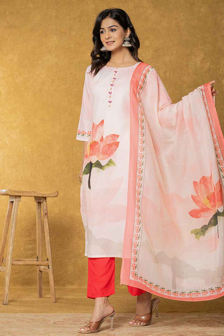 Pink Floral Print Embroidered Linen Kurta Set