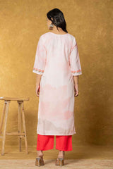 Pink Floral Print Embroidered Linen Kurta Set