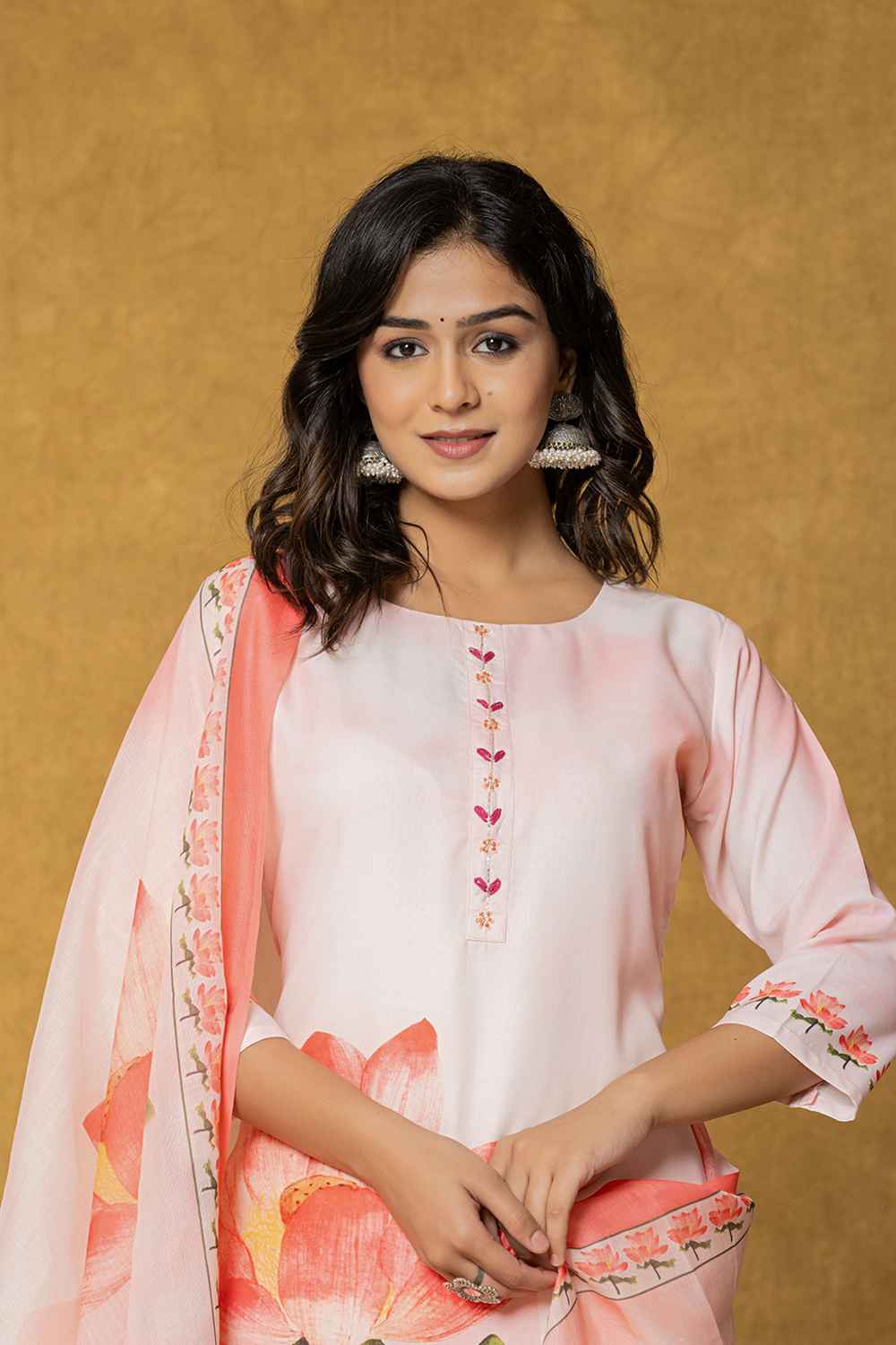 Pink Floral Print Embroidered Linen Kurta Set