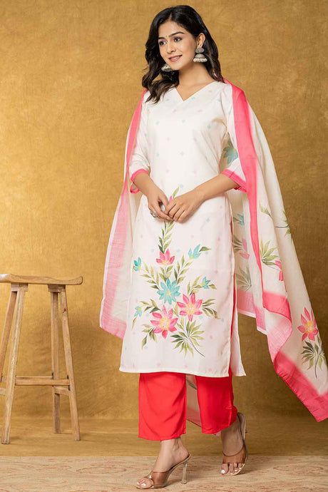 Beige Floral Print Linen Kurta Set