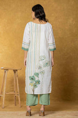 White Floral Print Linen Kurti Set