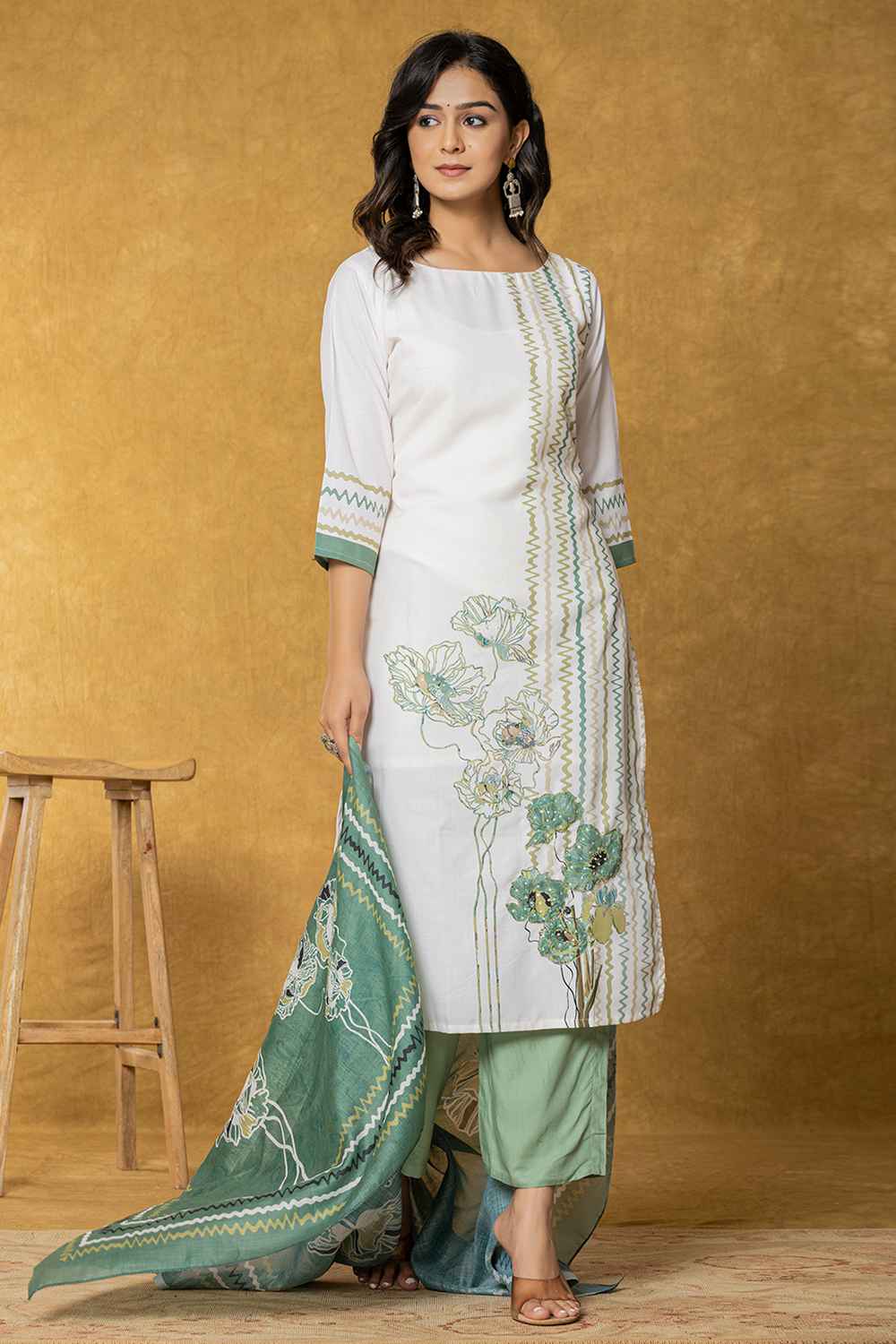 White Floral Print Linen Kurti Set