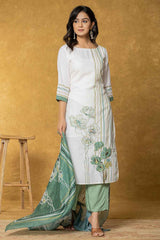 White Floral Print Linen Kurti Set