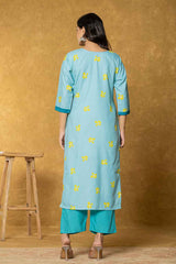 Green Floral Print Embroidered Linen Kurti Set