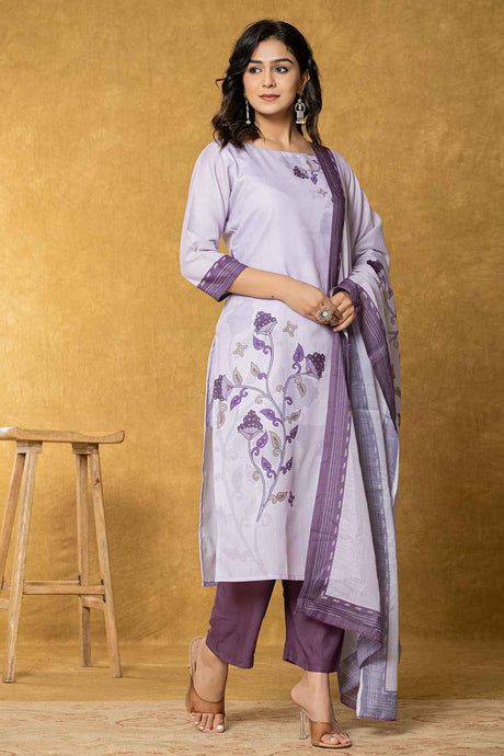 Violet Ethnic Motifs Linen Kurti Set