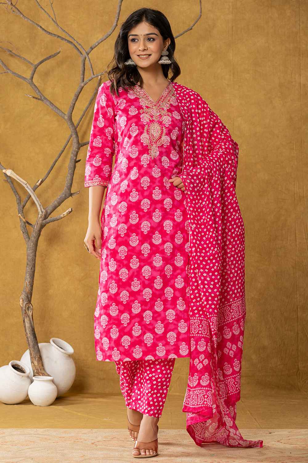 Pink Bandhani Zari Work Pure Cotton Kurti Set