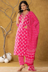 Pink Bandhani Zari Work Pure Cotton Kurti Set