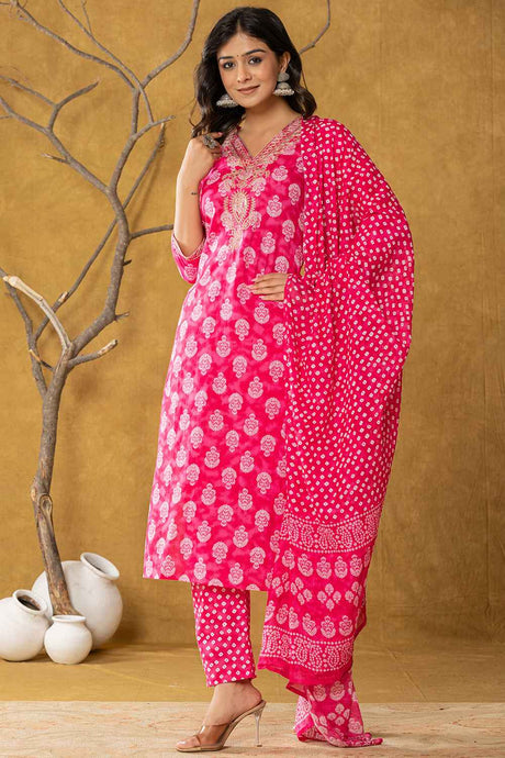 Pink Bandhani Zari Work Pure Cotton Kurta Set