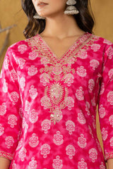 Pink Bandhani Zari Work Pure Cotton Kurti Set