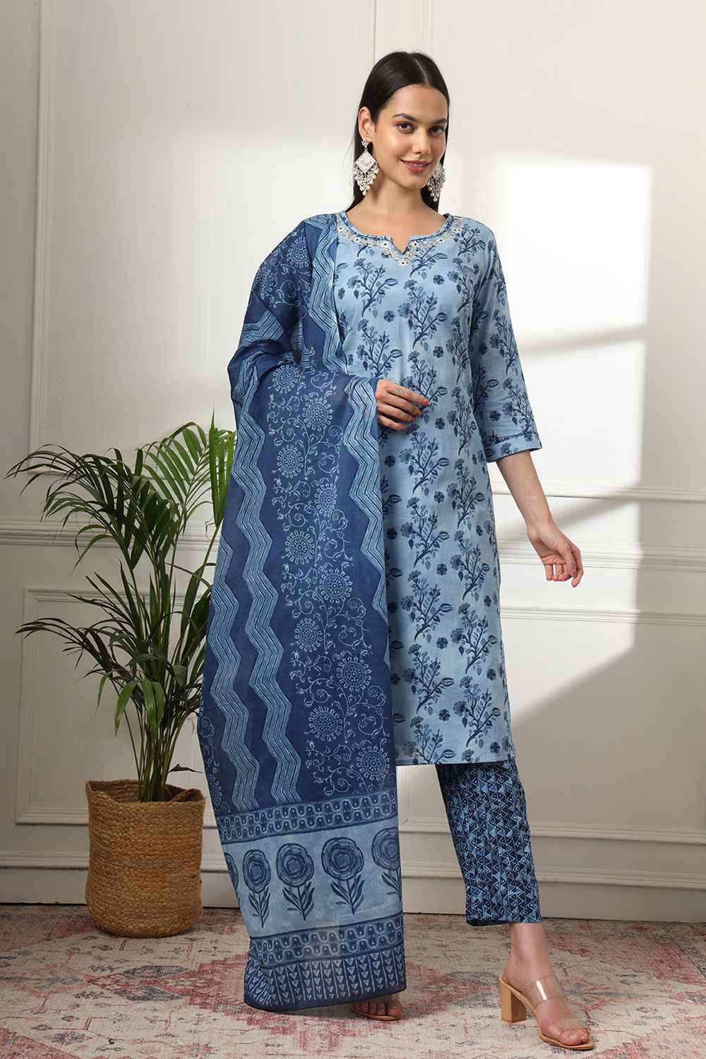 Blue Floral Print Thread Work Pure Cotton Kurta Set