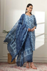 Blue Floral Print Thread Work Pure Cotton Kurta Set