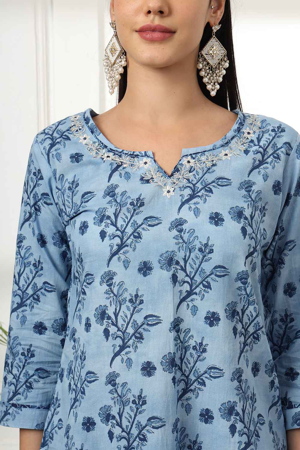 Blue Floral Print Thread Work Pure Cotton Kurta Set