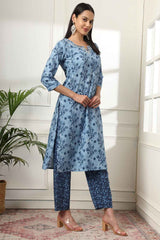 Blue Floral Print Thread Work Pure Cotton Kurta Set