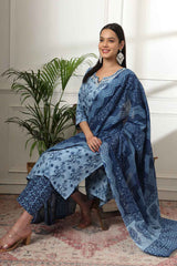 Blue Floral Print Thread Work Pure Cotton Kurta Set