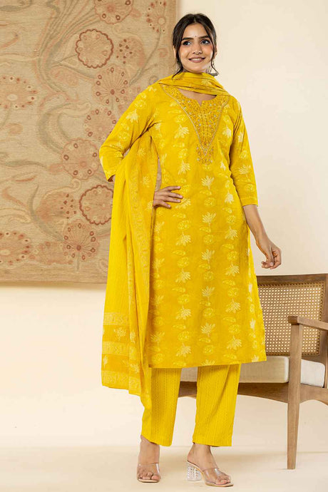 Yellow Floral Print Mirror Workÿ Pure Cotton Kurta Set