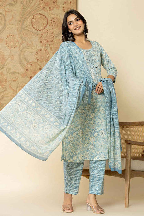 Blue Floral Print Mirror Workÿ Pure Cotton Kurta Set