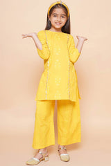 Mustard Pure Cotton Printed Straight Round Neck Kurta Set