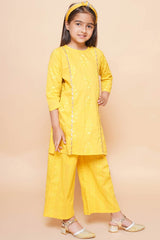 Mustard Pure Cotton Printed Straight Round Neck Kurta Set